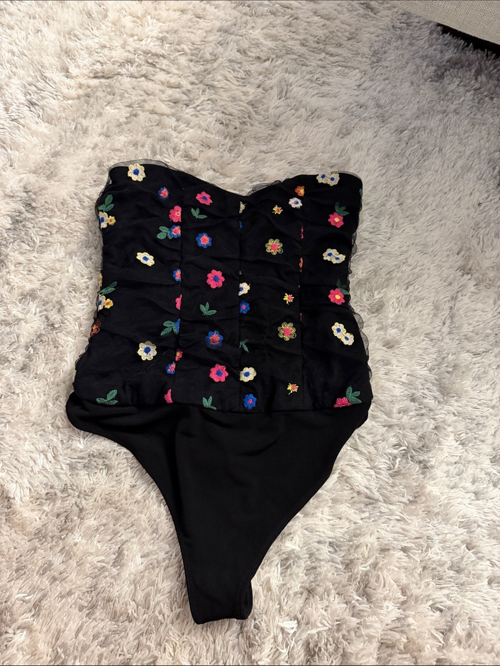 Kids Black Floral One-Piece Swimsuit - Embroidered Flowers